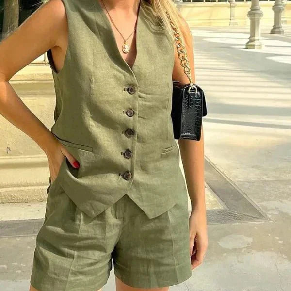 Kit 2 Conjuntos Femininos em Alfaiataria Colete e Shorts em Linho