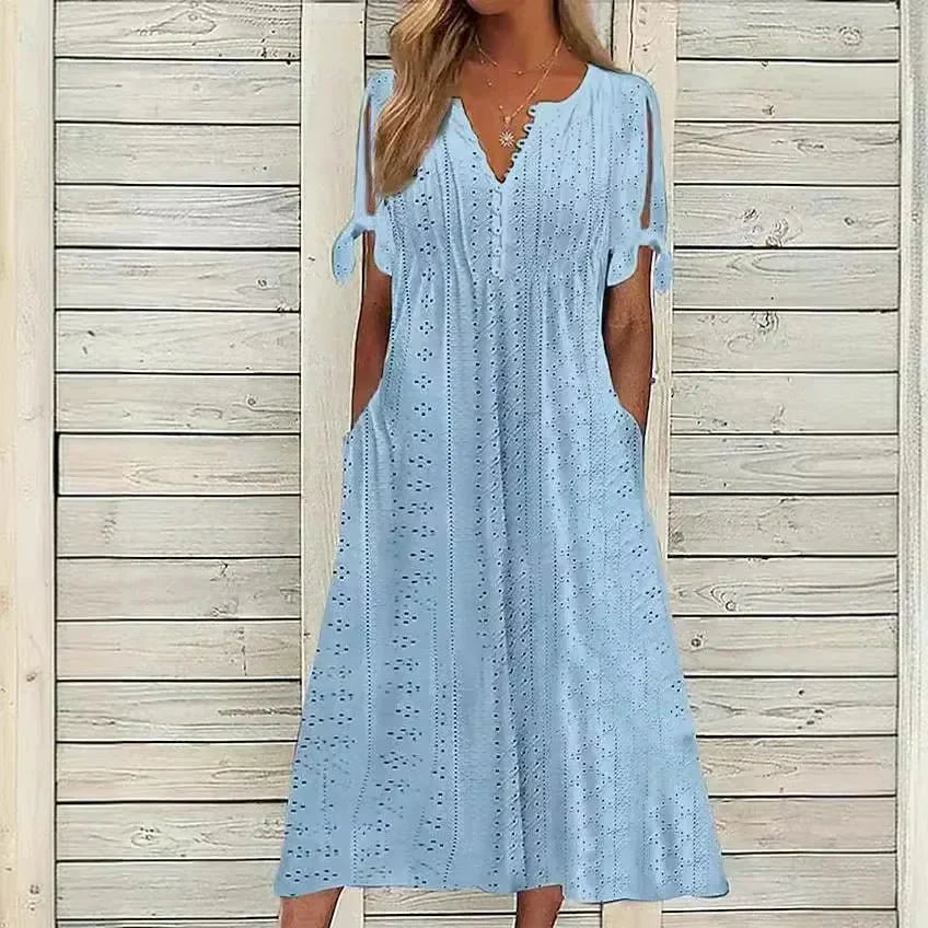 Vestido de Renda Jana - Gola em V de Manga Curta (Verão 2026)