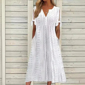 Vestido de Renda Jana - Gola em V de Manga Curta (Verão 2026)