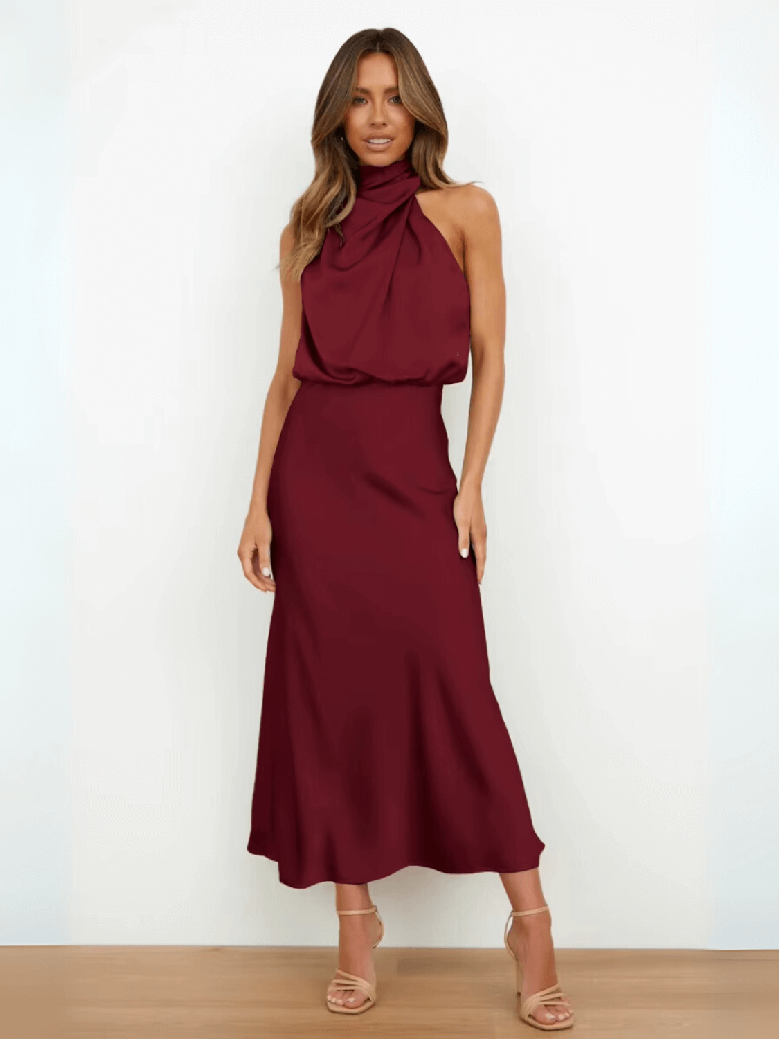 Vestido Midi Acetinado Acinturado com Gola Alta Drapeada Elegante – Rayca