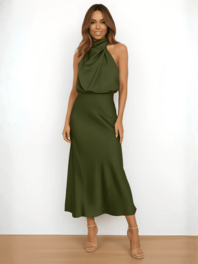 Vestido Midi Acetinado Acinturado com Gola Alta Drapeada Elegante – Rayca